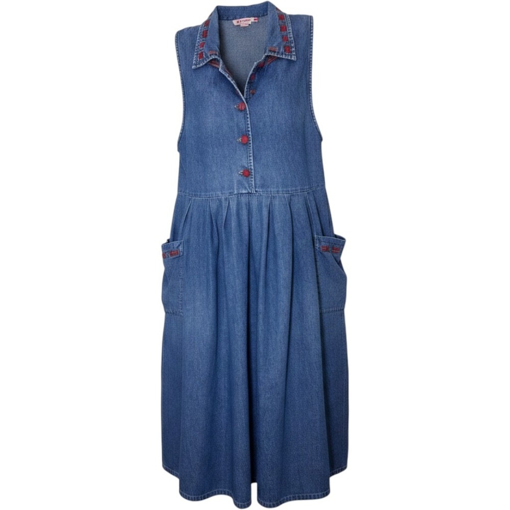 Vintage KZK Denim Plaid‎ Trim Sleeveless Maxi Dress Blue Cottage-core Size M